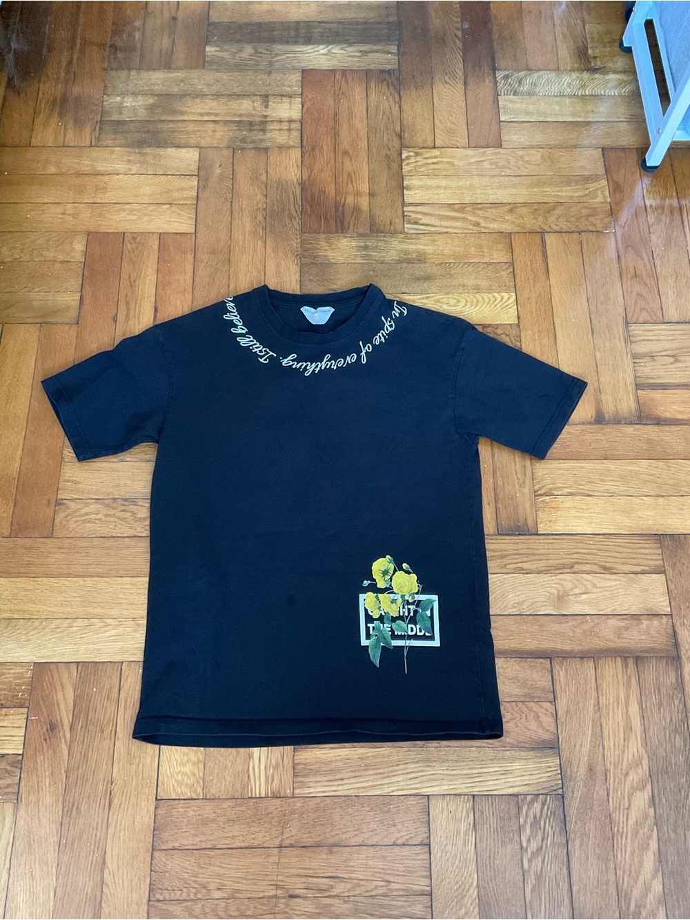 Bottega Veneta Black Short Sleeve Tee with Yellow Floral Graphic